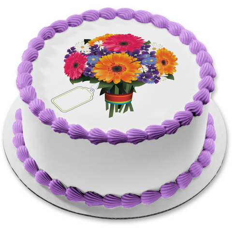 Colorful Flowers Vase Vase Tag Edible Cake Topper Image ABPID13481