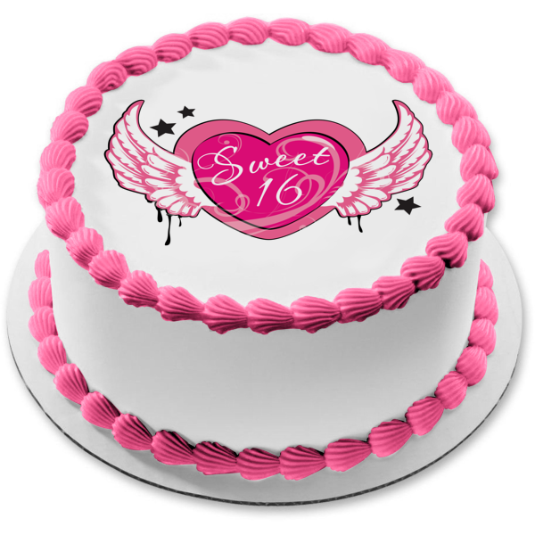 Happy Birthday Sweet 16 Pink Heart Wings Stars Edible Cake Topper Image ABPID13487
