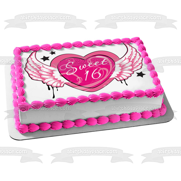 Happy Birthday Sweet 16 Pink Heart Wings Stars Edible Cake Topper Image ABPID13487