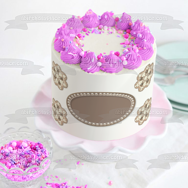 Grey Oval Pearls Flowers Edible Cake Topper Image ABPID13492