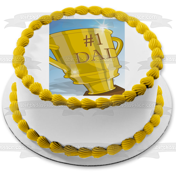 #1 Dad Gold Trophy Blue Background Edible Cake Topper Image ABPID13494