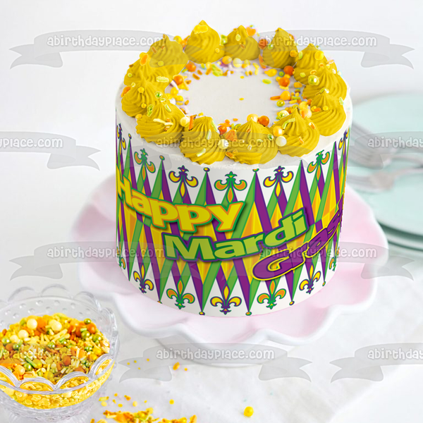 Happy Mardi Gras Green Purple Yellow Edible Cake Topper Image ABPID13519