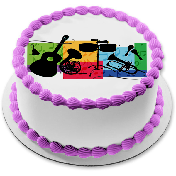 Music Band Bell Guitar Drums Saxophone Morracas Edible Cake Topper Image ABPID13540