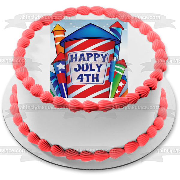 Happy July 4th Red White Blue Rockets White Stars Edible Cake Topper Image ABPID13541