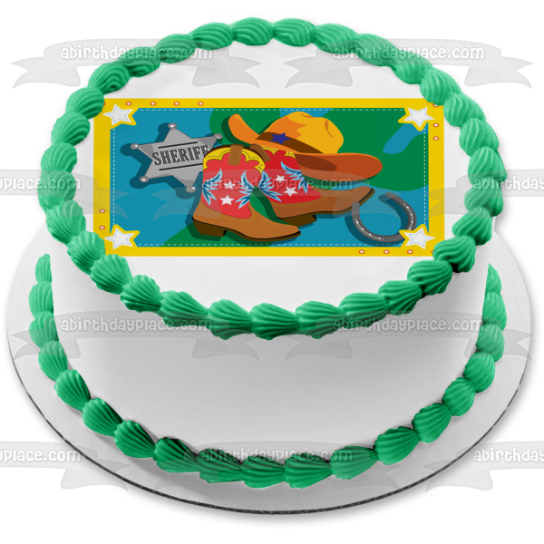 Little Cowboy Sheriff Badge Cowboy Boots Cowboy Hat Horseshoe Edible Cake Topper Image ABPID13561