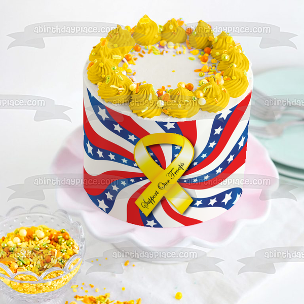 Support Our Troops Yellow Ribbon Red White Blue Waving Flag White Stars Background Edible Cake Topper Image ABPID13566