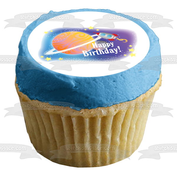 Happy Birthday Outer Space Planet Rocket Stars Edible Cake Topper Image ABPID13596