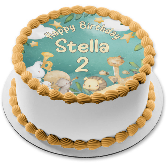 Safari Parade Watercolor Giraffe Bees Edible Cake Topper Image ABPID56264