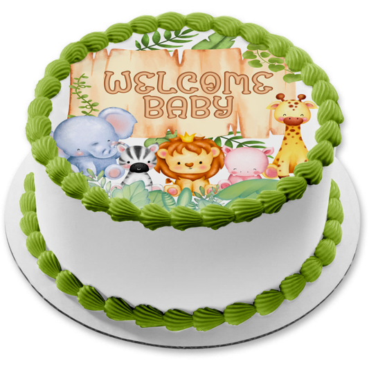 Watercolor Wooden Sign Safari Animals Baby Shower or Birthday Party Edible Cake Topper Image or Strips ABPID56268