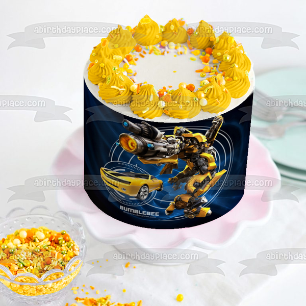 Transformers Bumblebee Yellow Camaro Blue Background Edible Cake Topper Image ABPID21807