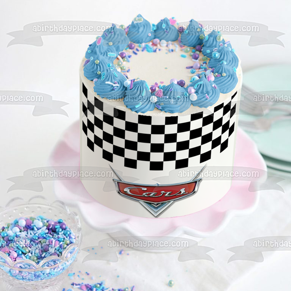 Cars Emblem Checkerboard Background Edible Cake Topper Image ABPID21813