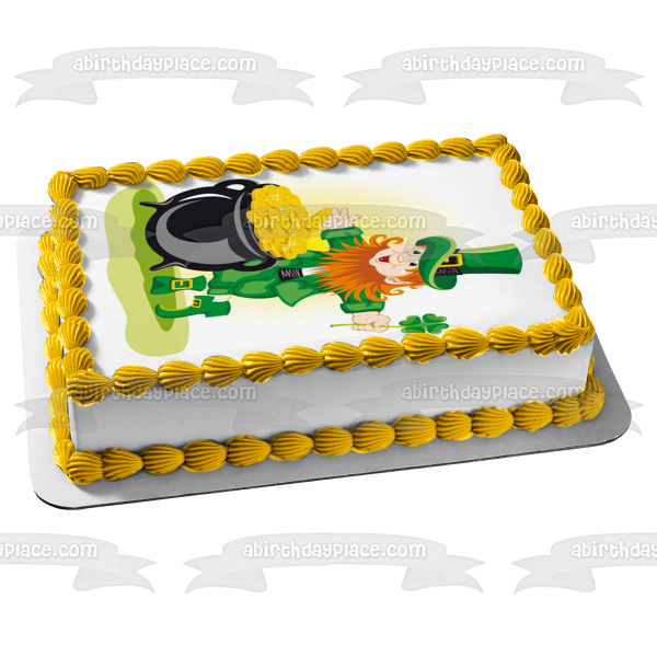 St. Patricks Day Cartoon Leprechaun Pot of Gold 4 Leaf Clover Edible Cake Topper Image ABPID22063