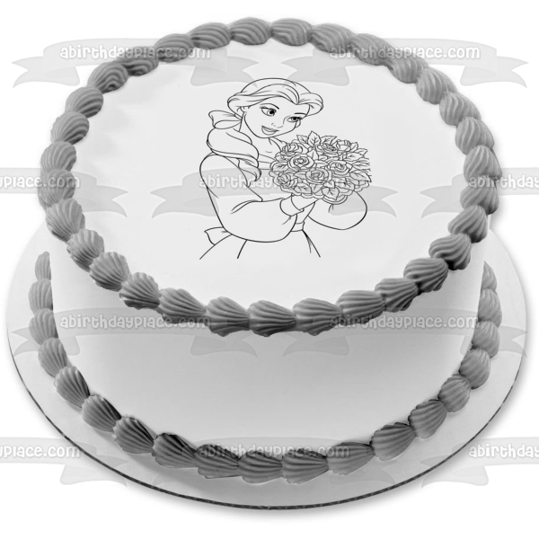 Disney Princess Beauty and the Beast Belle Flowers Black and White Edible Cake Topper Image ABPID22073
