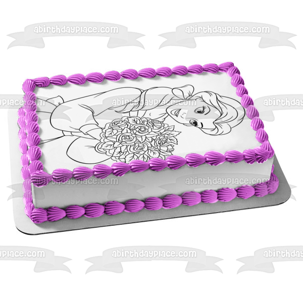Disney Princess Beauty and the Beast Belle Flowers Black and White Edible Cake Topper Image ABPID22073