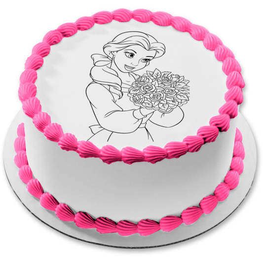 Imagen de decoración comestible para tarta de Princesas de Disney, La Bella y la Bestia, Bella, flores, blanco y negro, ABPID22073 