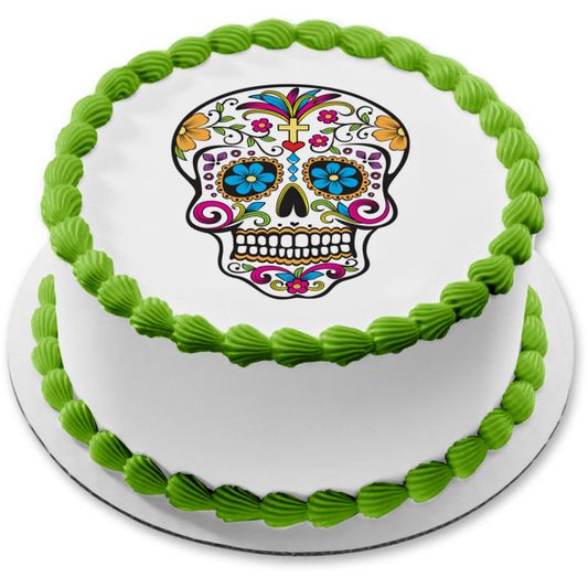 Cartoon Sugar Skull Flowers Cross Hearts Edible Cake Topper Image ABPID22110