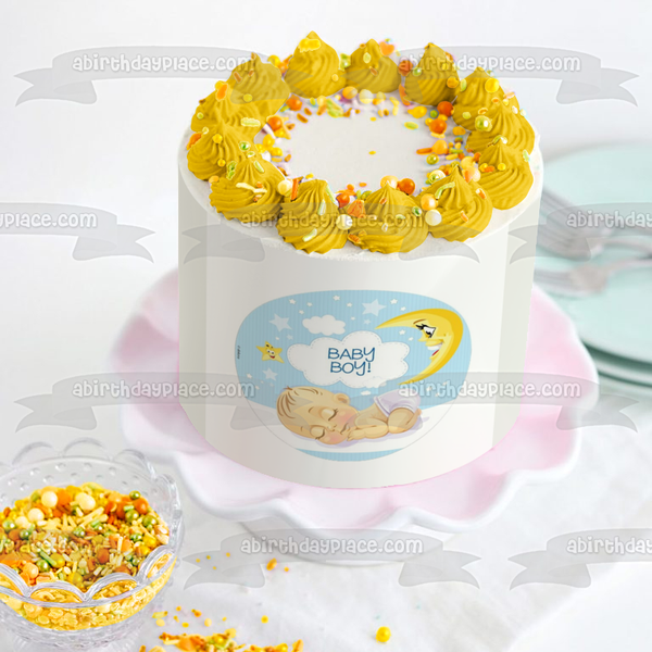 Baby Boy Sleeping Moon Stars Blue Background Baby Shower Edible Cake Topper Image ABPID21925