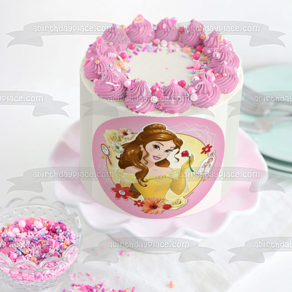 Disney Princess Beauty and the Beast Belle Rose Mirror Flowers Edible Cake Topper Image ABPID22157