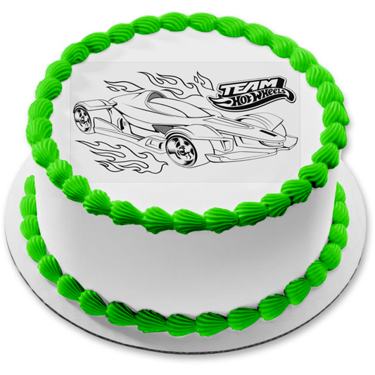 Team Hot Wheels Car Drawing Black and White Edible Cake Topper Image ABPID21928