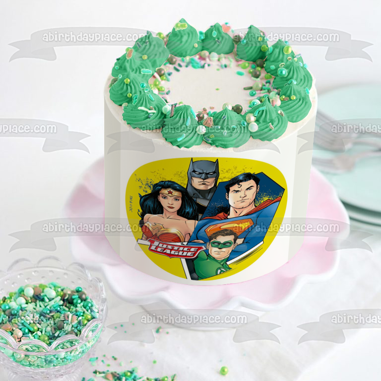 Justice League Superman Green Lantern Wonder Woman Batman Yellow Background Edible Cake Topper Image ABPID21930