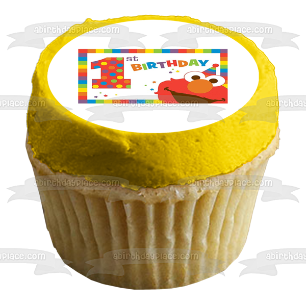 Sesame Street Elmo Happy 1st Birthday Stars Party Hat Edible Cake Topper Image ABPID22166