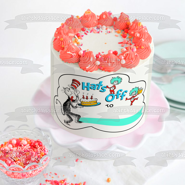 Dr. Seuss The Cat in the Hat Hats Off to Happy Birthday Thing 1 Thing 2 Birthday Cake Edible Cake Topper Image ABPID22312
