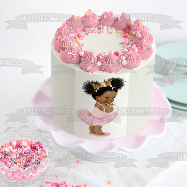 African American Baby Girl Ballerina Dress and Shoes Gold Crown Edible Cake Topper Image ABPID22326