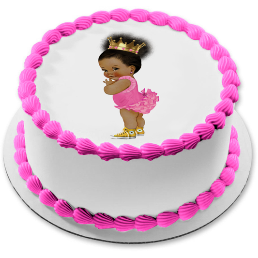 African American Baby Girl Pink Ballerina Outfit Gold Crown Yellow Converse Sneakers Edible Cake Topper Image ABPID22382