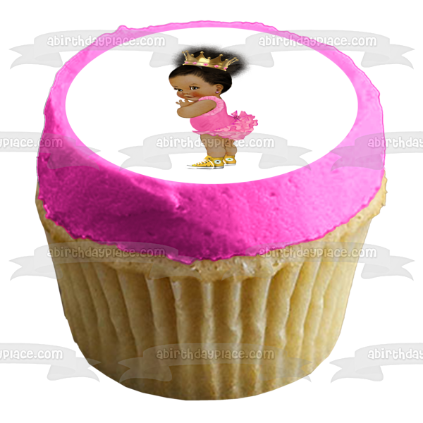 African American Baby Girl Pink Ballerina Outfit Gold Crown Yellow Converse Sneakers Edible Cake Topper Image ABPID22382