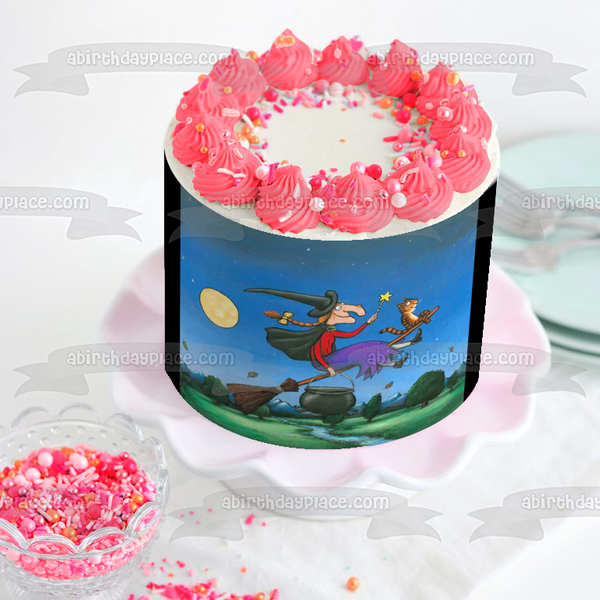 Happy Halloween Cartoon Witch Cat Broomstick Edible Cake Topper Image ABPID22000