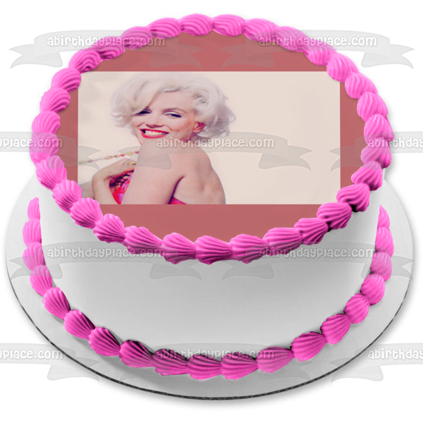Marilyn Monroe Red Dress Pink Background Edible Cake Topper Image ABPID24290