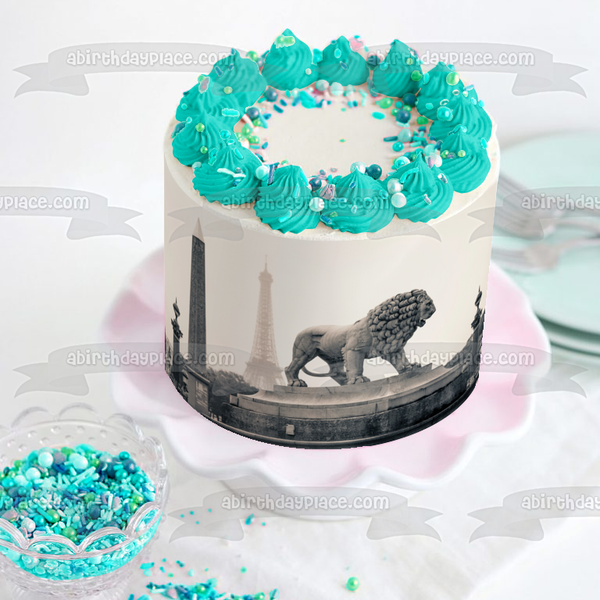 Paris Lion Statue Black and White Edible Cake Topper Image ABPID25017