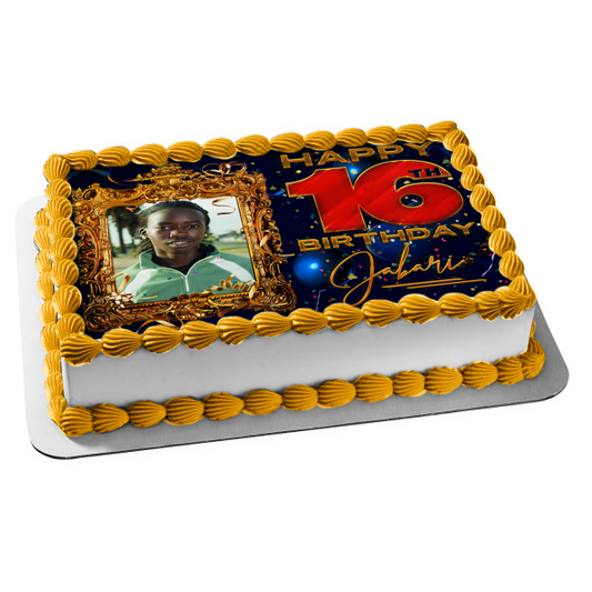 Marco dorado elegante con confeti y globos Marco de imagen comestible para decoración de tartas ABPID56272 