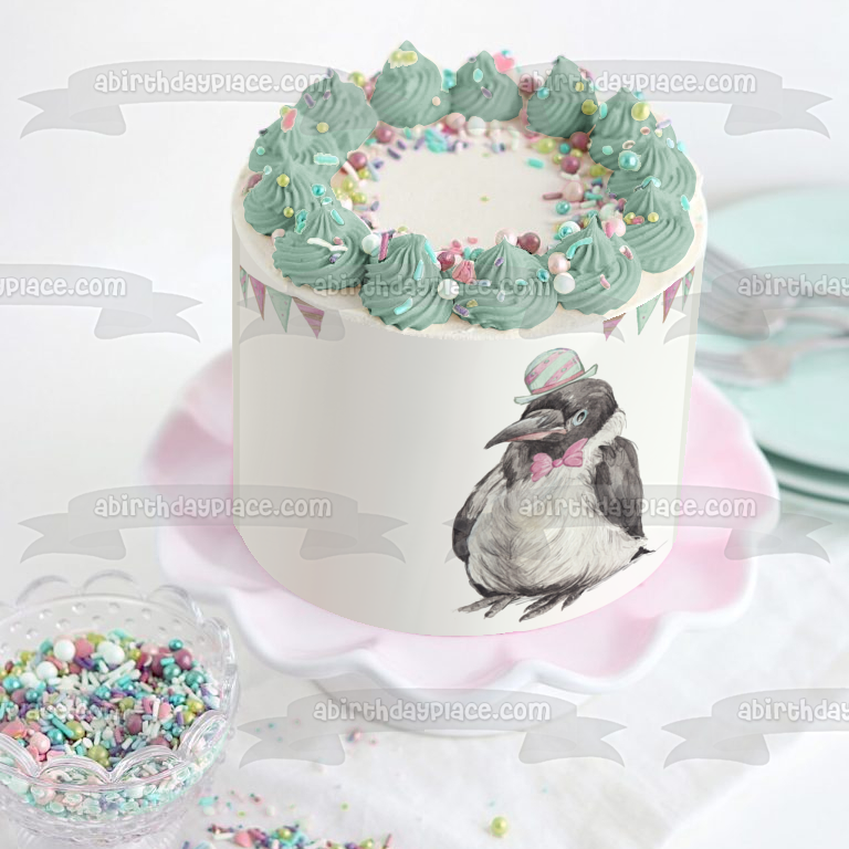 Dapper Party Crow Pastel Illustration Edible Cake Topper Image ABPID56274