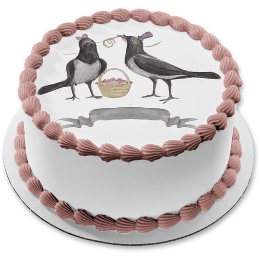 Newlywed Crows Watercolor Edible Cake Topper Image ABPID56280