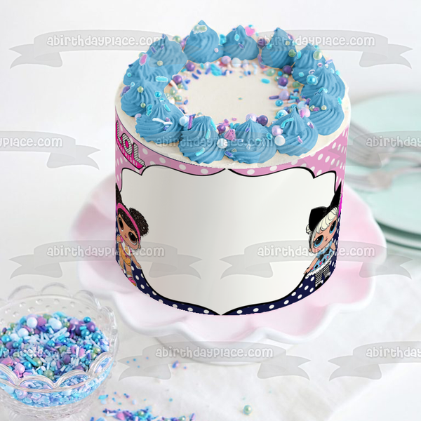 LOL Surprise Hoops Mvp Curious Q.T. Purple Blue Polka Dot Background Edible Cake Topper Image Frame ABPID27165