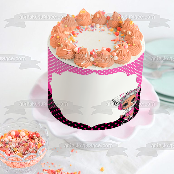 LOL Surprise Beats Pink White Polka Dot Background Edible Cake Topper Image Frame ABPID27169