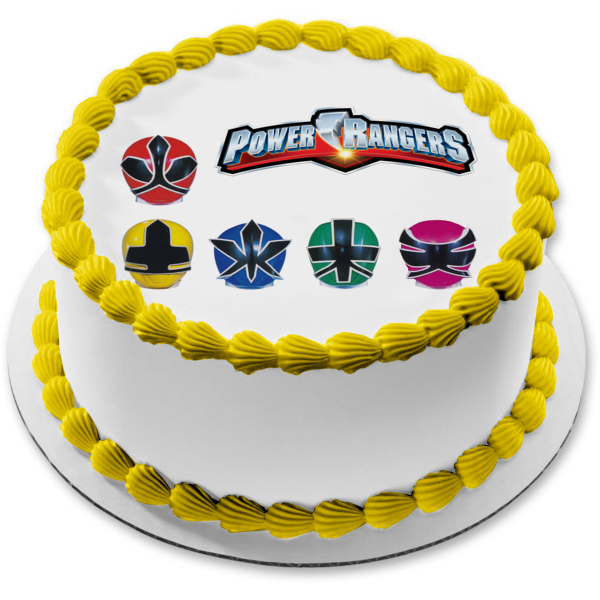 Power Rangers Logo Faces Red Ranger Yellow Ranger Blue Ranger Green Ranger Pink Ranger Edible Cake Topper Image ABPID27571