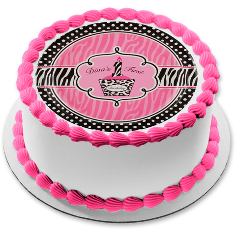 Happy Birthday Diva's First Birthday Pink and Black Zebra Stripes Pink Cupcake Edible Cake Topper Image ABPID27208