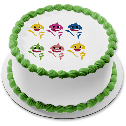 Sharks Cartoon Yellow Blue Green Pink Edible Cake Topper Image ABPID27606