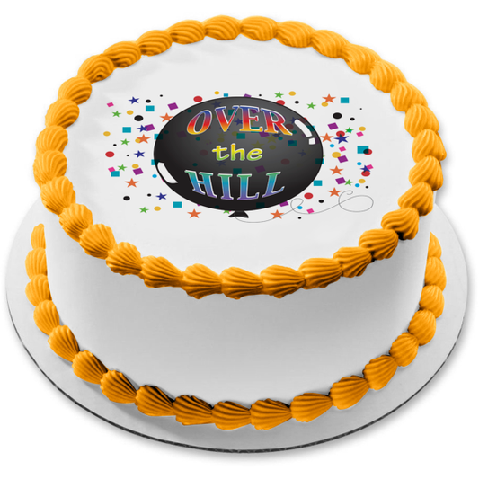 Over the Hill Feliz cumpleaños Globo negro Confeti colorido Adorno comestible para tarta Imagen ABPID27250 