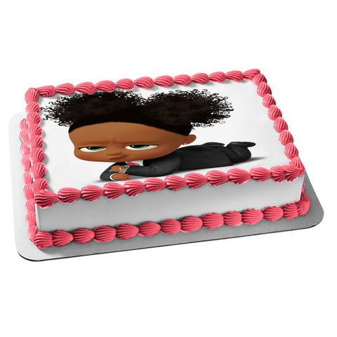 African American Girl Boss Baby Gold Watch Edible Cake Topper Image ABPID27727