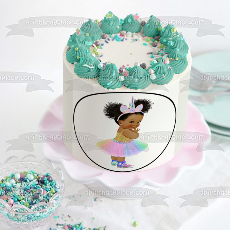 African American Baby Girl Tye Dye Unicorn Outfit Edible Cake Topper Image ABPID27733