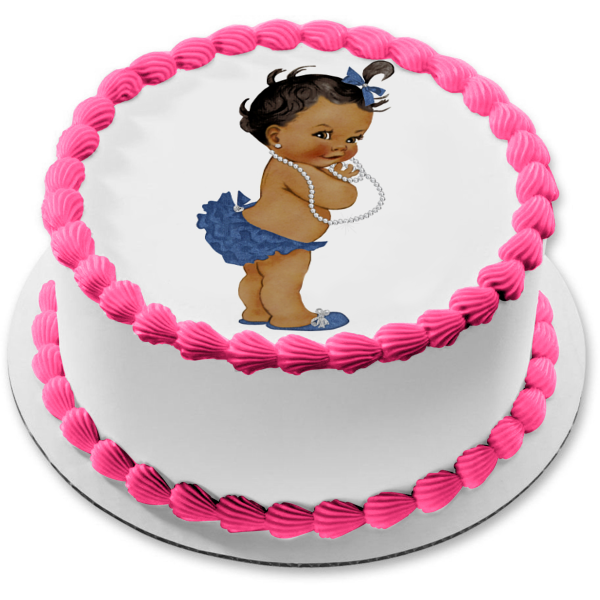 African American Baby Girl Blue Hairbow Bloomers Shoes White Necklace Edible Cake Topper Image ABPID27736