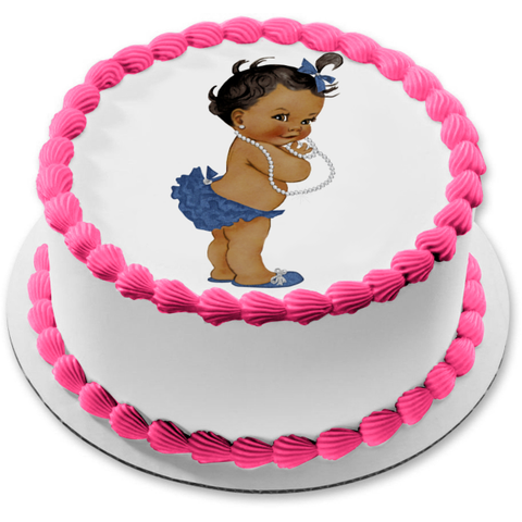 African American Baby Girl Blue Hairbow Bloomers Shoes White Necklace Edible Cake Topper Image ABPID27736