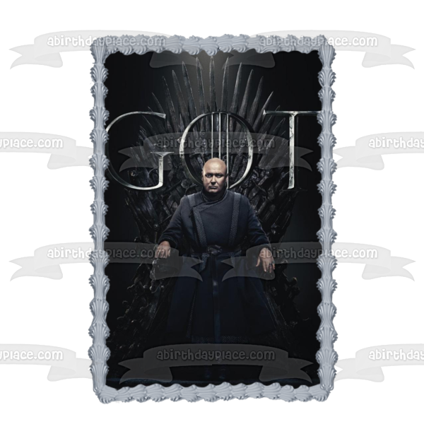 Game of Thrones Lord Varys Iron Throne Black Background Edible Cake Topper Image ABPID27287