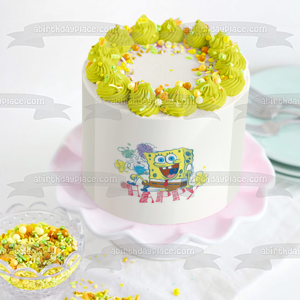 SpongeBob SquarePants Flowers Happy Edible Cake Topper Image ABPID28035
