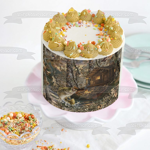Hunting Cabin Jumping Fish Trees Camouflage Edible Cake Topper Image ABPID49825