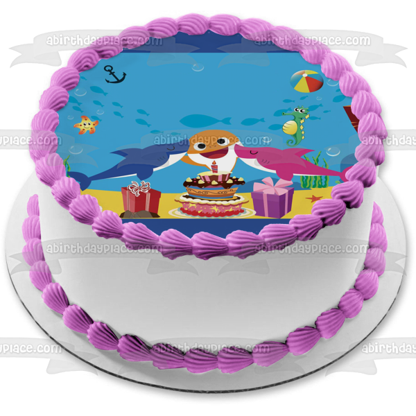 Baby Shark Happy Birthday Mommy Shark Daddy Shark Presents Birthday Cake Beach Ball Edible Cake Topper Image ABPID49837