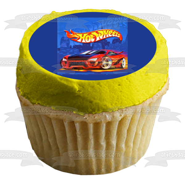 Hot Wheels Logo Red Sports Car Blue Background Edible Cake Topper Image ABPID49840